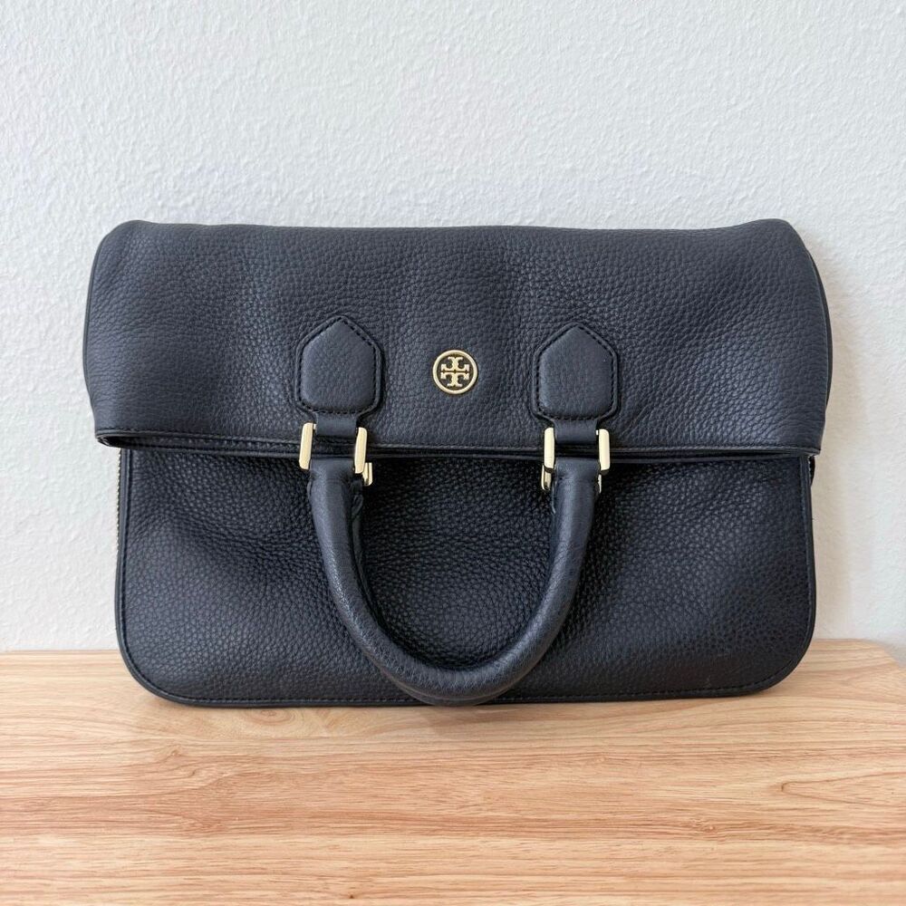 Tory Burch Fleming Two Way Pebbled Black Leather Shoulder Bag Purse Gold Hardwar